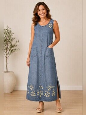 Agapo Women's Blue Denim Sleeveless Maxi Dress Floral Lace Applique Split Side M